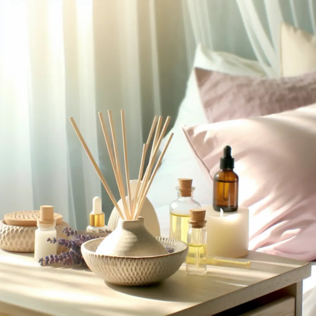 Kolekcja aromatów SleepNexo ustawiona na jasnej półce w spokojnej sypialni