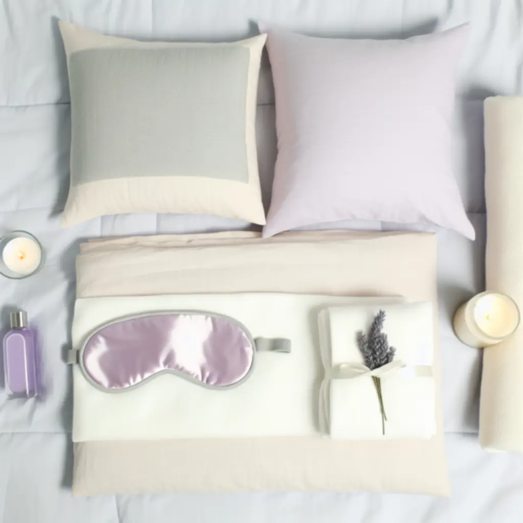 Płaskie ujęcie poduszek, koców i masek na oczy SleepNexo